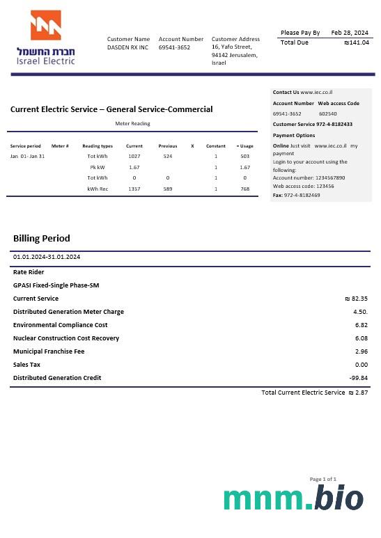 Izrael Electric Corporation rachunek za usługi komunalne szablon w formacie Word i PDF